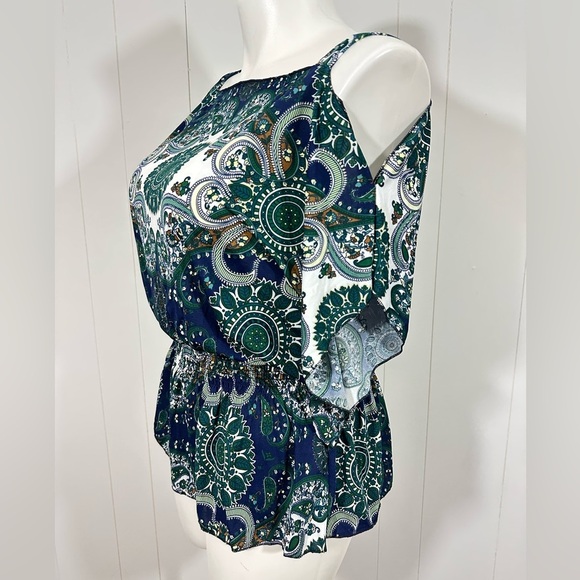 NEW Jon & Anna Top Sz L Blue Cold Shoulder Short Sleeve Casual Elastic Waist - Picture 6 of 10